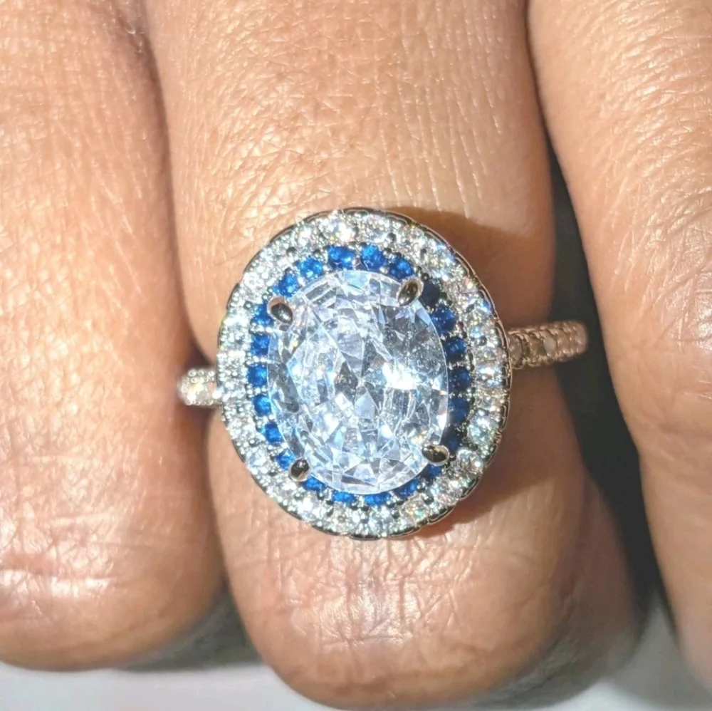 3Ct Blue Halo White Diamond Simulated Engagement Ring 14K White Gold Plated Sz 7